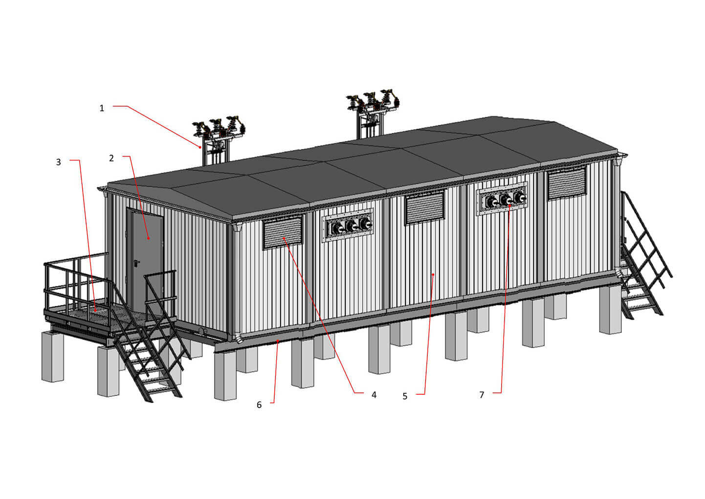 1. Air inlet 2. Entrance door 3. Service area with fences 4. Ventilation openings 5. Block-module 6. Roof rack 7. Bus inlet